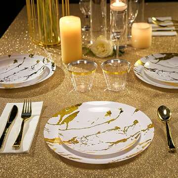 JOLLY PARTY 180PCS Disposable Dinnerware Set 30 Guest, 60 White and Gold Plastic Plates, 30 Plastic Silverware, 30 Plastic Cups, Marble Design Dinnerware for Wedding and Parties