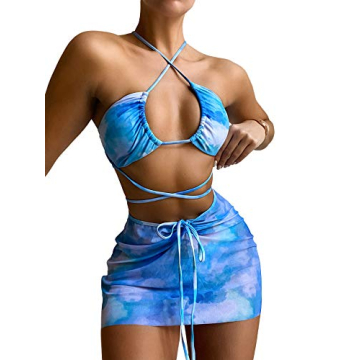Romwe Women's 3 Pack Tie Dye Halter Bikini with Skirt