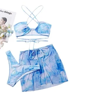 Romwe Women's 3 Pack Tie Dye Halter Bikini with Skirt