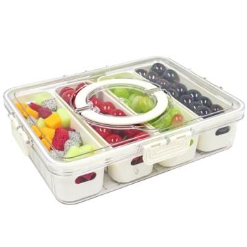 Cranviech Divided Serving Tray Snack Platter Container with Lid & Handle, 4 Compartments Portable Fo...