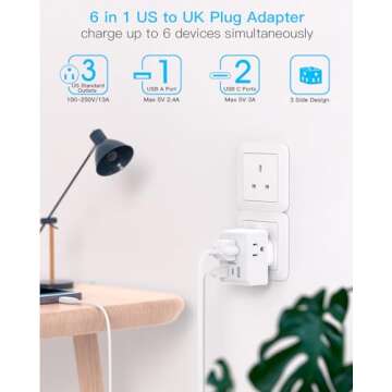 US to UK Ireland Travel Plug Adapter, Type G Power Plug Adapter with 3 Outlets 3 USB Ports(2 USB C),...