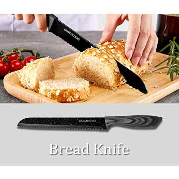 Dockorio all in one Kitchen Knife Set with Block, 19 PCS High Carbon Stainless Steel Sharp Serrated Steak Knives Set, Chef Knives, Bread Knife, Scissor, Sharpener,