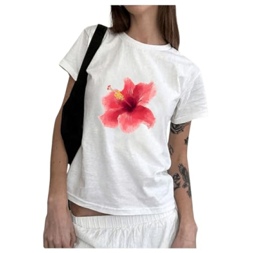 WDIRARA Women's Floral Print Short Sleeve T-Shirt Stylish White Tee with Floral Design