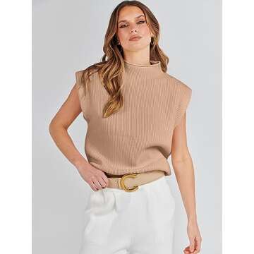 ANRABESS Women's Mock Neck Sleeveless Sweater Vest - Chic Khaki Tank Top