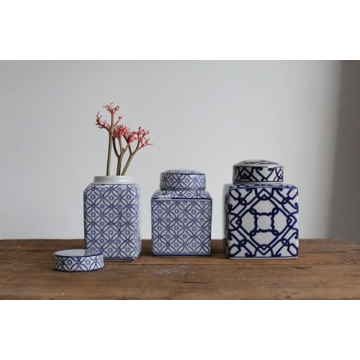 Creative Co-Op Blue & White Ceramic Ginger Jar with Lid