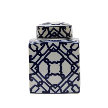 Creative Co-Op Blue & White Ceramic Ginger Jar with Lid
