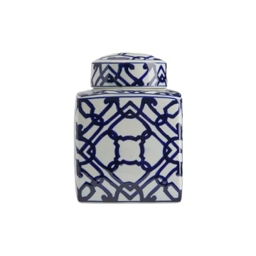 Creative Co-Op Blue & White Ceramic Ginger Jar with Lid
