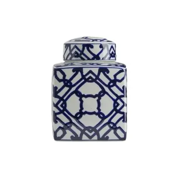 Creative Co-Op Blue & White Ceramic Ginger Jar with Lid