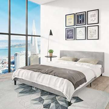San Francisco Queen Bed Frame | Upholstered Low Profile Headboard + Platform Bedframe | Gray Linen M...