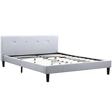 San Francisco Queen Bed Frame | Upholstered Low Profile Headboard + Platform Bedframe | Gray Linen Modern Style Silver Grey Cloth Bedroom Mattress Furniture + Soft Wood Footboards, Slats, Box Included