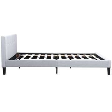 San Francisco Queen Bed Frame | Upholstered Low Profile Headboard + Platform Bedframe | Gray Linen Modern Style Silver Grey Cloth Bedroom Mattress Furniture + Soft Wood Footboards, Slats, Box Included