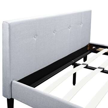 San Francisco Queen Bed Frame | Upholstered Low Profile Headboard + Platform Bedframe | Gray Linen Modern Style Silver Grey Cloth Bedroom Mattress Furniture + Soft Wood Footboards, Slats, Box Included