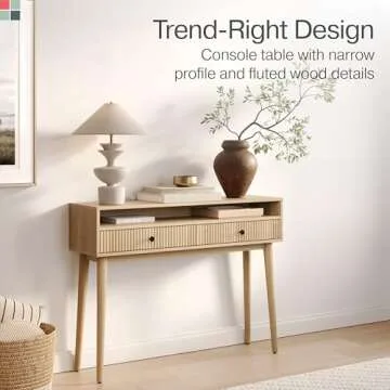 Fluted Console Table with Swing Doors - Small Entry Desk for Narrow Spaces - Living Room Furniture - Solid Wood Entryway Table with Black Knobs (Natural Oak)