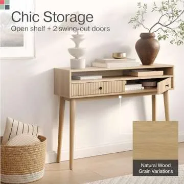 Fluted Console Table with Swing Doors - Small Entry Desk for Narrow Spaces - Living Room Furniture - Solid Wood Entryway Table with Black Knobs (Natural Oak)