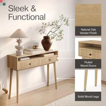 Fluted Console Table with Swing Doors - Small Entry Desk for Narrow Spaces - Living Room Furniture - Solid Wood Entryway Table with Black Knobs (Natural Oak)