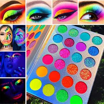 Afflano Neon Makeup Palette Eyeshadow, Glow in the Dark Neon Eyeshadow Palette Highly Pigmented, Neon Party UV Blacklight Eye Shadow Pallet, Red Orange Pink Pressed Glitter Eyes Makeup Palette