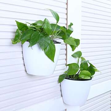 MyGift 7.5 Inch Self Watering Planter Pots, Wall Mounted White Plastic Hanging Planters, Indoor Outdoor Small Flower Cactus Herbs Plant Container Wall Garden Pots, Set of 2