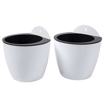 MyGift 7.5 Inch Self Watering Planter Pots, Wall Mounted White Plastic Hanging Planters, Indoor Outdoor Small Flower Cactus Herbs Plant Container Wall Garden Pots, Set of 2