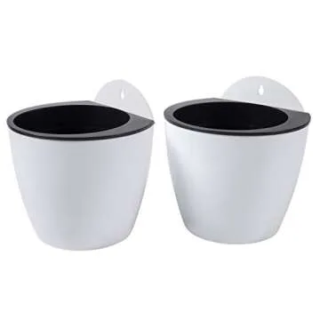 MyGift 7.5 Inch Self Watering Planter Pots, Wall Mounted White Plastic Hanging Planters, Indoor Outdoor Small Flower Cactus Herbs Plant Container Wall Garden Pots, Set of 2