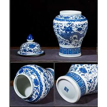 ufengke Jingdezhen Classic Blue and White Porcelain Dragon Temple Ceramic Ginger Jar Vase,China Ming Style,Height 15"(38cm)