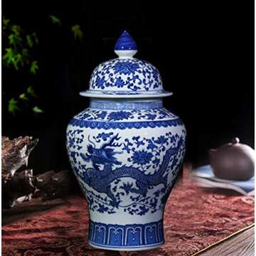 ufengke Jingdezhen Classic Blue and White Porcelain Dragon Temple Ceramic Ginger Jar Vase,China Ming Style,Height 15"(38cm)