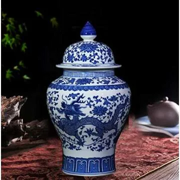 ufengke Jingdezhen Classic Blue and White Porcelain Dragon Temple Ceramic Ginger Jar Vase,China Ming Style,Height 15"(38cm)