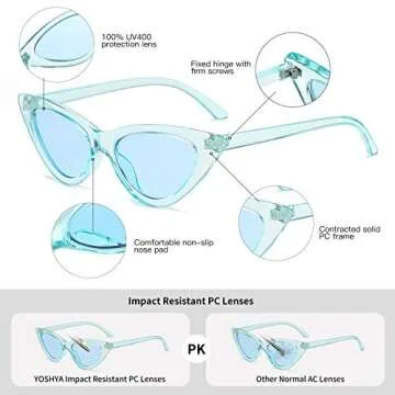 YOSHYA Retro Vintage Narrow Cat Eye Sunglasses for Women Clout Goggles Plastic Frame (Clear Blue/Blue)