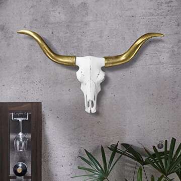 WALL CHARMERS Mini White + Gold Longhorns Faux Longhorn Skull - 20" Faux Taxidermy Animal Head Wall ...