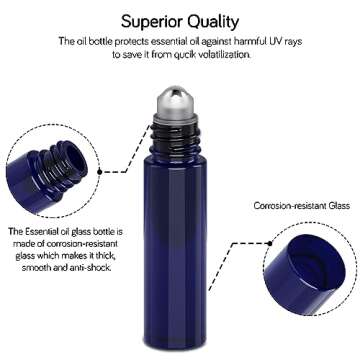 PrettyCare Roller Bottles For Oils 10 ml (Amber Glass and Blue Glass, 6 Pack, 1 Extra Stainless Steel Balls, 12 Labels, 1 Opener, 1 Funnels Essential Oil Roller Bottles, Roller on Bottles