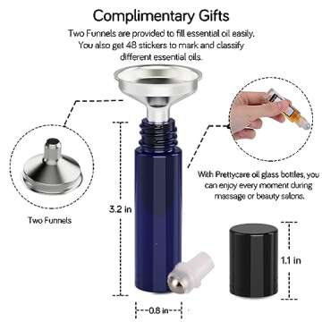 PrettyCare Roller Bottles For Oils 10 ml (Amber Glass and Blue Glass, 6 Pack, 1 Extra Stainless Steel Balls, 12 Labels, 1 Opener, 1 Funnels Essential Oil Roller Bottles, Roller on Bottles