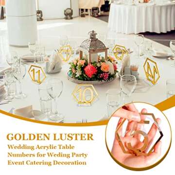 Fashionclubs Table Numbers, 1-20 Wedding Acrylic Table Numbers with Holder Base Party Card Table Holder,Hexagon Shape,Perfect for Wedding Reception and Decoration (1-20 Gold)