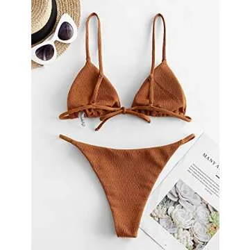 ZAFUL Womens Textured Tie String Bikini Swimwear Triangle Smocked Swimsuits Two Piece Set Coffee