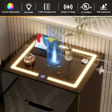 Nosepen Nightstand with Wireless Charging Station & 2 USB, LED Smart Night Stand Bedside Table End Table with 3 Drawers, 3 Color Dimmable, Adjustable Brightness Embedded LED Light Strip for Bedroom