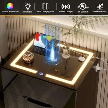 Nosepen Nightstand with Wireless Charging Station & 2 USB, LED Smart Night Stand Bedside Table End Table with 3 Drawers, 3 Color Dimmable, Adjustable Brightness Embedded LED Light Strip for Bedroom