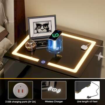 Nosepen Nightstand with Wireless Charging Station & 2 USB, LED Smart Night Stand Bedside Table End Table with 3 Drawers, 3 Color Dimmable, Adjustable Brightness Embedded LED Light Strip for Bedroom