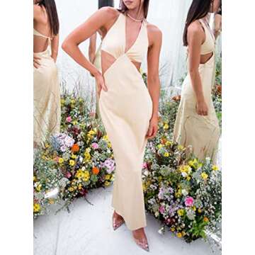 ROAONOCOMO Women Y2K V Neck Maxi Dresses Hollow Out Backless Satin Dress Split Elegant Evening Party Dresses Sexy Clubwear U-apricot