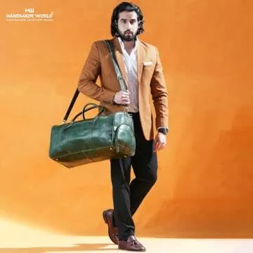 Handmade World Full Grain Buffalo Leather Travel Weekender Overnight Duffel Bag Gym Sports Luggage Tote Duffle Bags with Shoes Compartment for Men Women (Green)