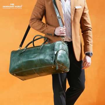 Handmade World Full Grain Buffalo Leather Travel Weekender Overnight Duffel Bag Gym Sports Luggage Tote Duffle Bags with Shoes Compartment for Men Women (Green)