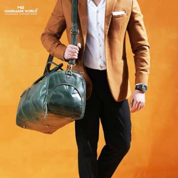 Handmade World Full Grain Buffalo Leather Travel Weekender Overnight Duffel Bag Gym Sports Luggage Tote Duffle Bags with Shoes Compartment for Men Women (Green)