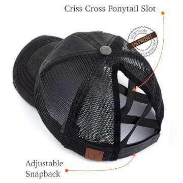 C.C Exclusives Washed Distressed Cotton Denim Criss-Cross Ponytail Hat Baseball Cap Bundle Hair Tie (BT-780) (Black)