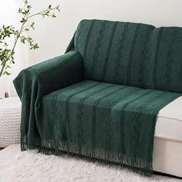 BATTILO HOME Christmas Décor Green Throw Blanket with Fringe, Geometric Bed Throws Dark Green Throws Decorative Throw Blanket for Couch, 50"x60"