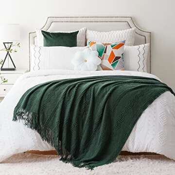 BATTILO HOME Christmas Décor Green Throw Blanket with Fringe, Geometric Bed Throws Dark Green Throws Decorative Throw Blanket for Couch, 50"x60"