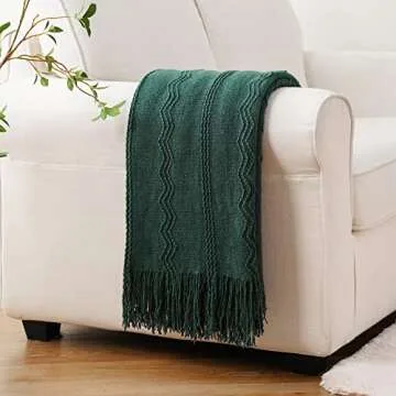 BATTILO HOME Christmas Décor Green Throw Blanket with Fringe, Geometric Bed Throws Dark Green Throws Decorative Throw Blanket for Couch, 50"x60"