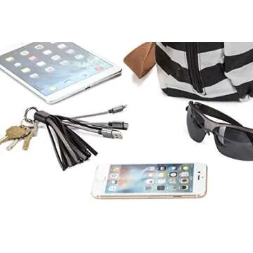 Wasserstein Keychain with 2-in-1 USB Charging Cable and Rubber Cover Compatible with Apple, Android, and Other Handheld Devices - Make it Light and Easy (Black)