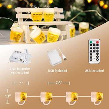 3D Beer Mug String Lights St Patrick's Day Decor, 10ft 15 LED with Remote Control USB & Battery Powe...