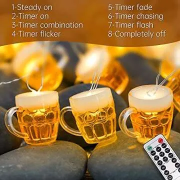 3D Beer Mug String Lights St Patrick's Day Decor, 10ft 15 LED with Remote Control USB & Battery Powered for Bar Christmas Birthday Wedding Party Bedroom Dorm Wreath Summer Club Decorations