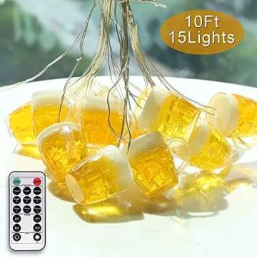 3D Beer Mug String Lights St Patrick's Day Decor, 10ft 15 LED with Remote Control USB & Battery Powered for Bar Christmas Birthday Wedding Party Bedroom Dorm Wreath Summer Club Decorations