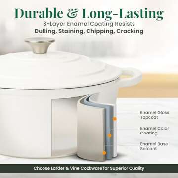 Larder & Vine Enameled Cast Iron Dutch Oven | 5.7qt Dutch Oven Pot with Lid | Dutch Oven for Bread Baking | Compatible on All Cooktops & Oven Safe to 500° F | Great for Sourdough Bread | White