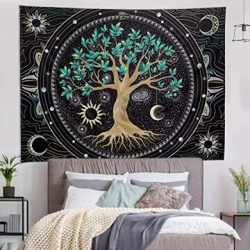 FLY SPRAY Aesthetic Tree of Life Tapestry Wall Tapestry Hippie Sun Moon Star Galaxy Tapestries Forest Wall Hanging Decor Vibrant Nature Home Decoration for Bedroom,Living Room,Dorm