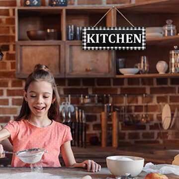 Wooden Kitchen Sign Buffalo Plaid Wall Decor 13.8 x 5.1 Inches Rustic Wall Sign Black and White Vintage Farmhouse Kitchen Decor for Home Kitchen Pantry Dining Room Restaurant Coffee Shop (Black)